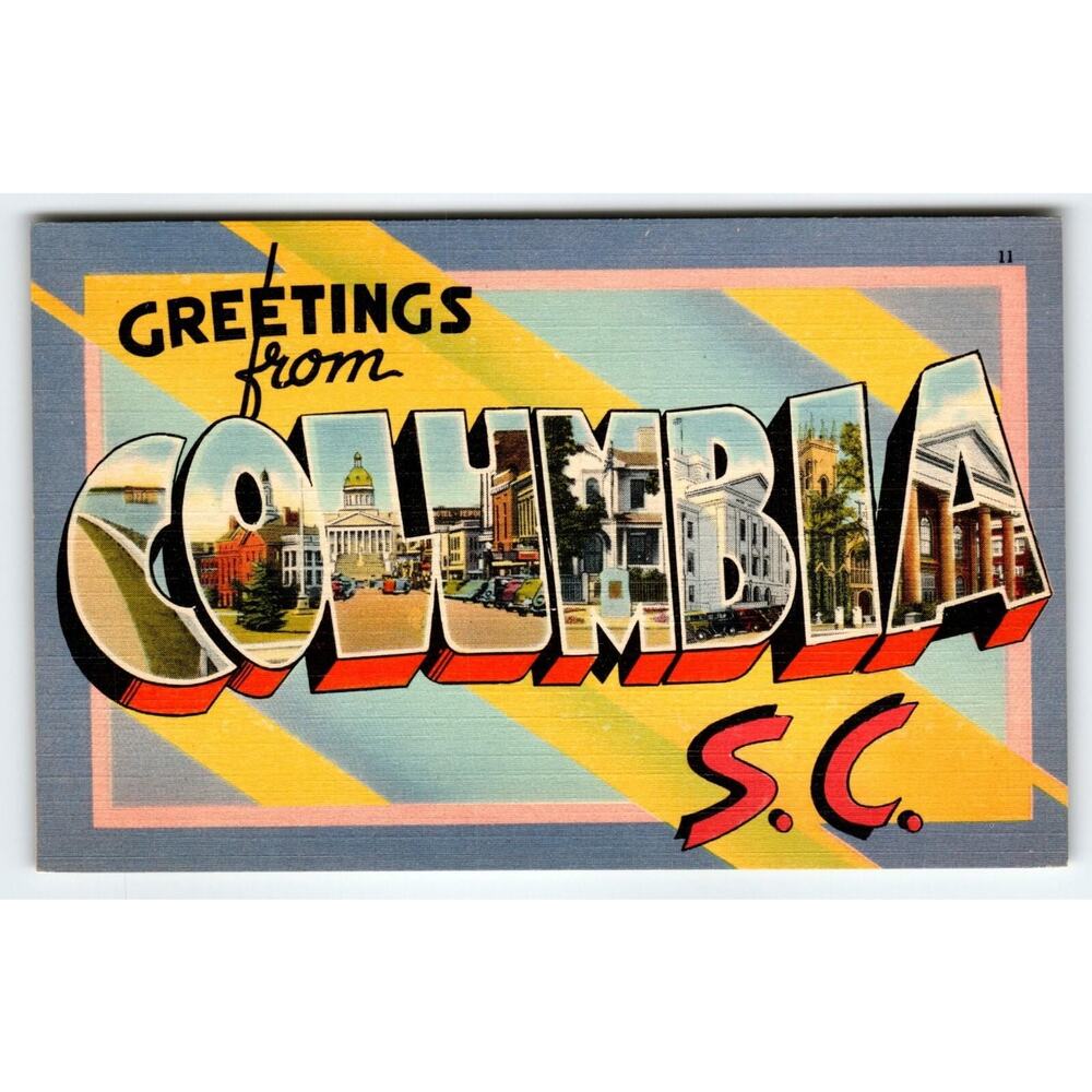 Vintage Linen Postcard Greetings from Columbia South Carolina Capitol Cars 1940s